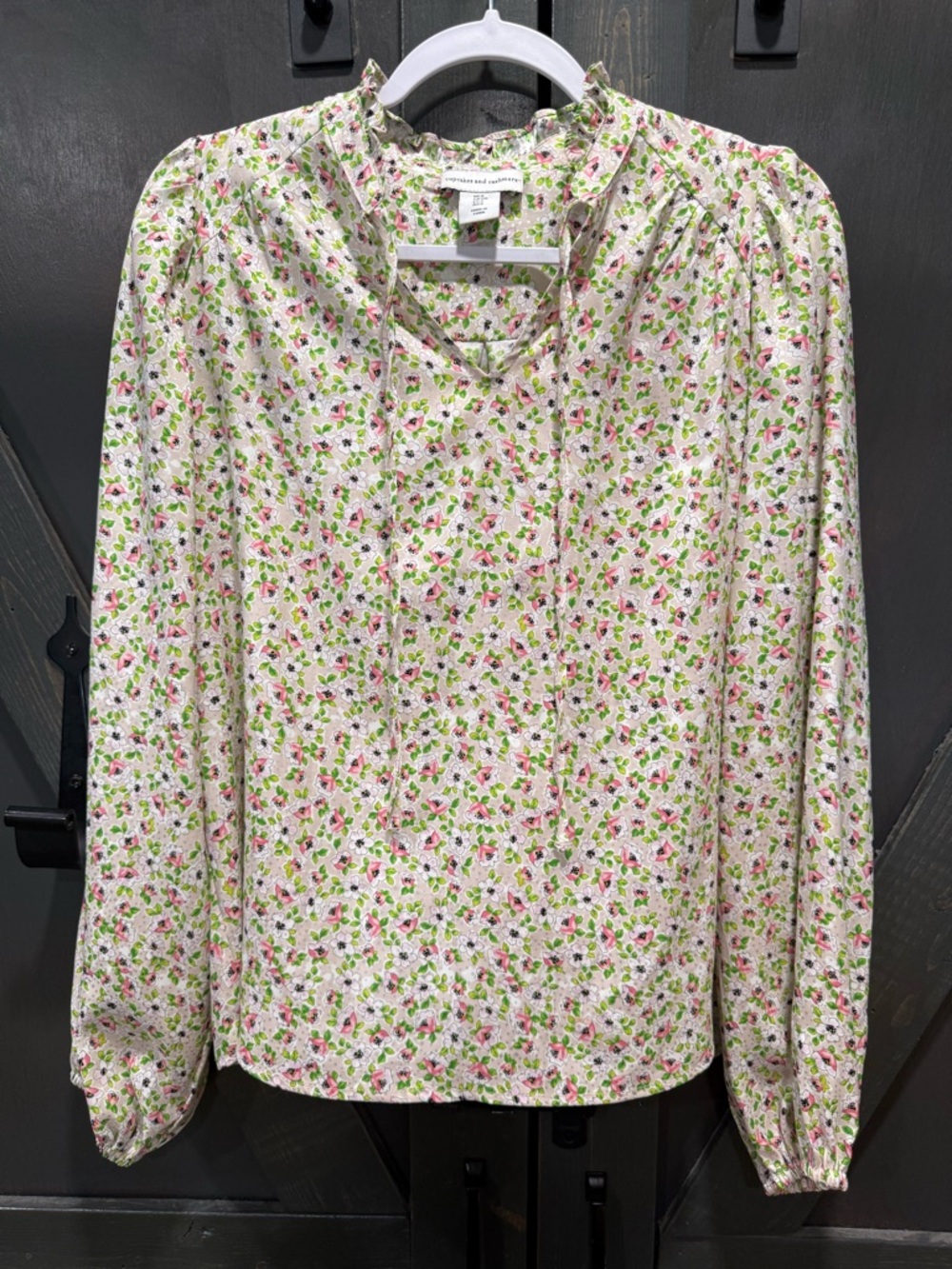 cupcakes & cashmere White Blouse with Pink & Green Floral Print